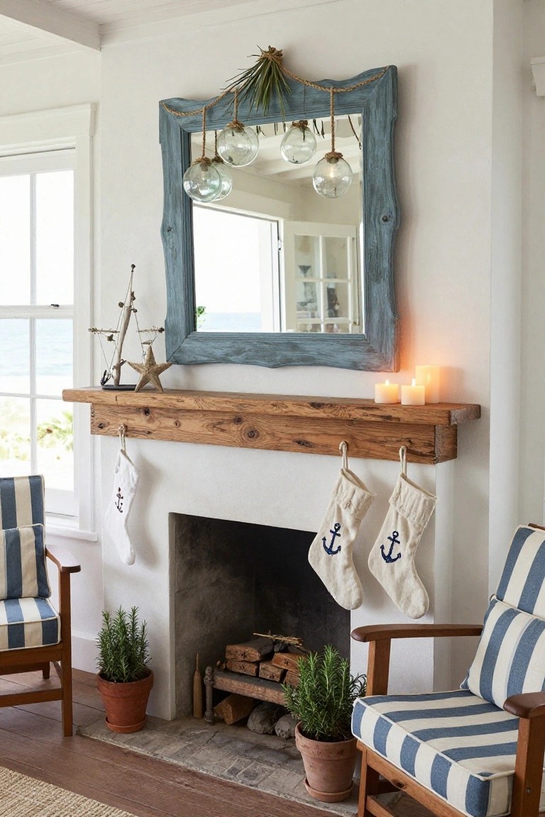 White living room with fireplace mantel topped by rustic blue framed mirror with rope and glass floats, nautical Christmas stockings hanging from wooden hooks, candles on shelf, model boat and starfish, flanked by striped chairs with potted rosemary plants, ocean view window.