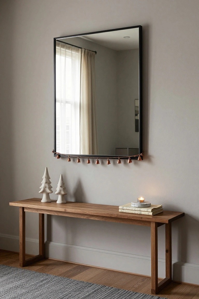 Tall black-framed rectangular mirror hanging on a light gray wall with copper bell garland draped across the top frame, wooden bench below holding two small white ceramic Christmas trees, stacked books, and a lit candle in glass holder, gray rug on wood floor.