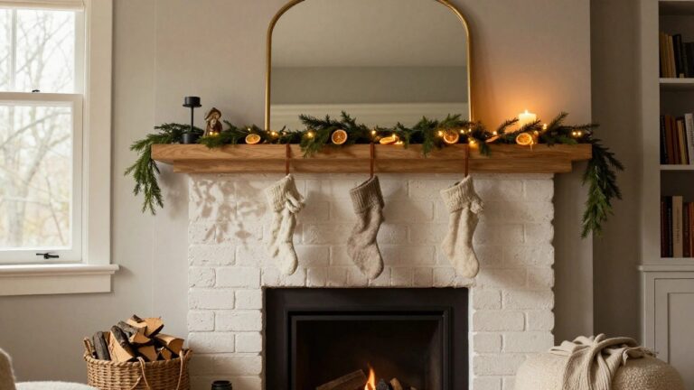 A brick fireplace mantel decorated for Christmas with three white knit stockings hanging from hooks, evergreen garland with dried orange slices and fairy lights across the wood mantel shelf, and a large arched gold-framed mirror mounted above, with a lit fire inside and nearby furniture in a light interior room.