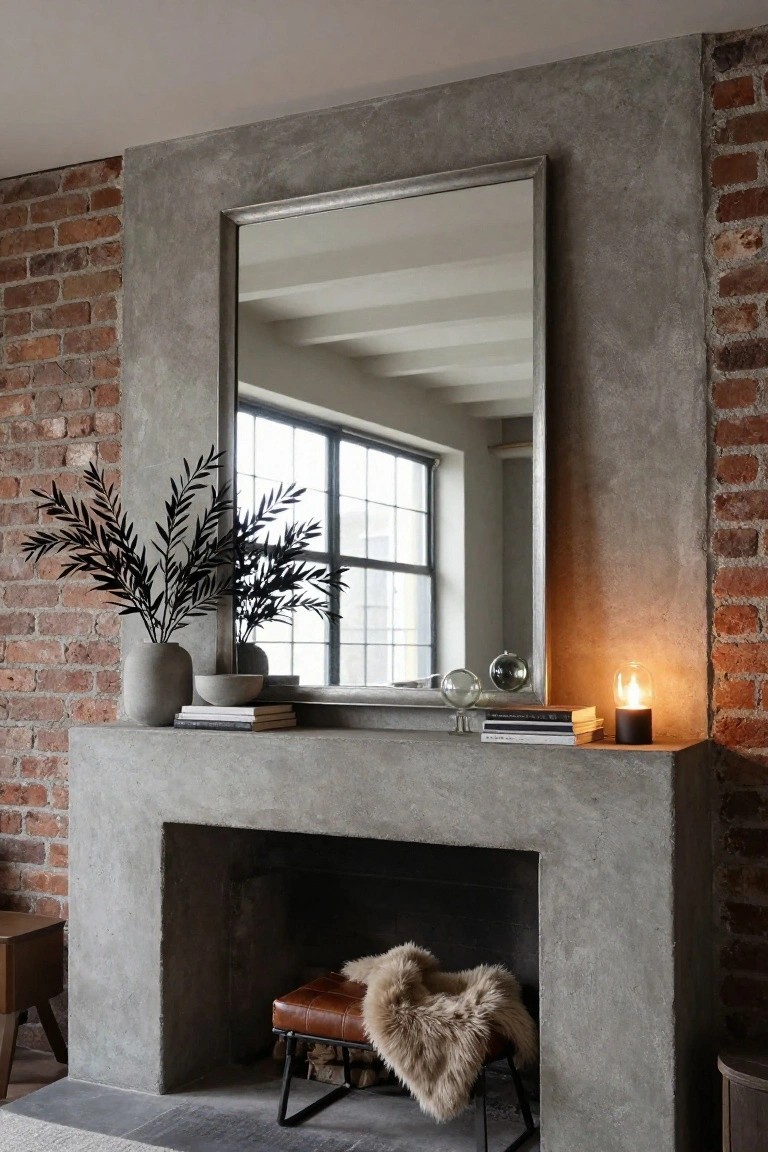Large rectangular mirror in silver frame mounted above gray concrete fireplace mantel holding stacked books, concrete vase with black branches, glass orb on stand, lit bulb candle, with leather stool draped in sheepskin rug in front, brick walls and large window reflected.
