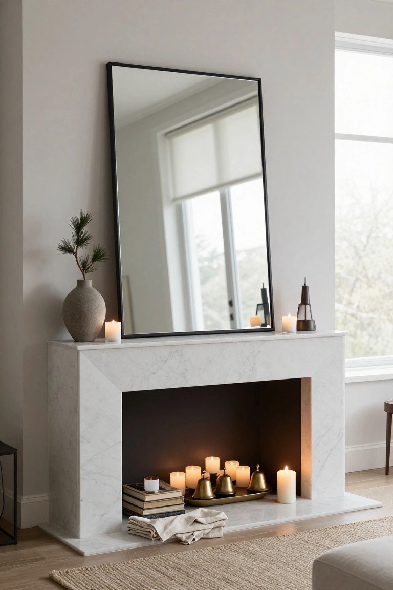 Tall black-framed mirror above a white marble fireplace mantel styled with grouped white candles, brass bells on a tray, stacked books, and folded linen cloths, next to a gray pottery vase with pine branches and additional candles.