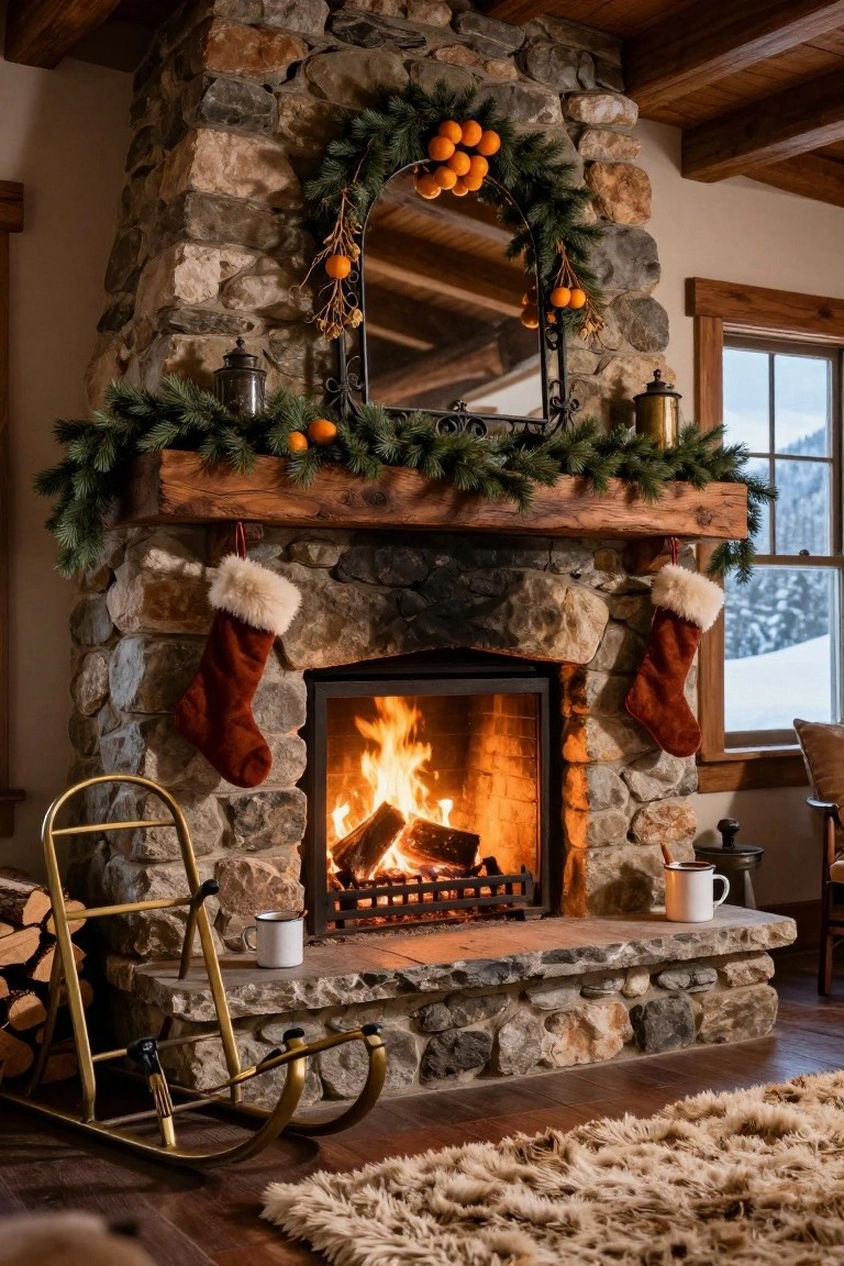 Stone fireplace in a rustic interior with wooden mantel holding evergreen garland and oranges around a black wrought-iron framed mirror, red fur-trimmed stockings hanging on sides, burning fire inside, gold sleigh rack with firewood nearby, and snowy window view.