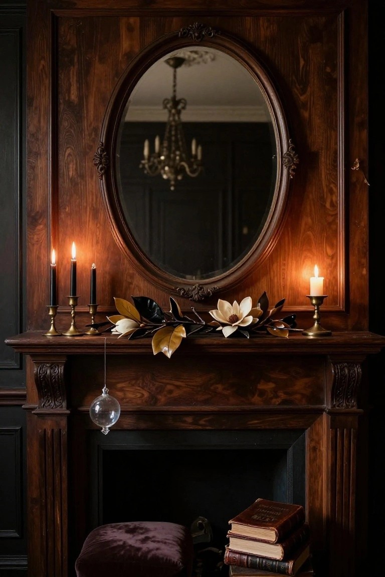 Dark wood fireplace mantel with brass candlesticks holding black taper candles, magnolia leaf garland with white blooms, glass orb ornament, stack of leather-bound books, purple velvet stool, and large oval framed mirror reflecting a chandelier above.