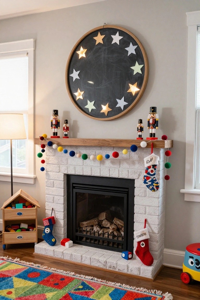 White brick fireplace with oak mantel decorated for Christmas, featuring a large circular black chalkboard with illuminated star cutouts hanging above, nutcracker figures on the mantel, colorful pom pom garland, personalized stockings, and nearby children's toys.