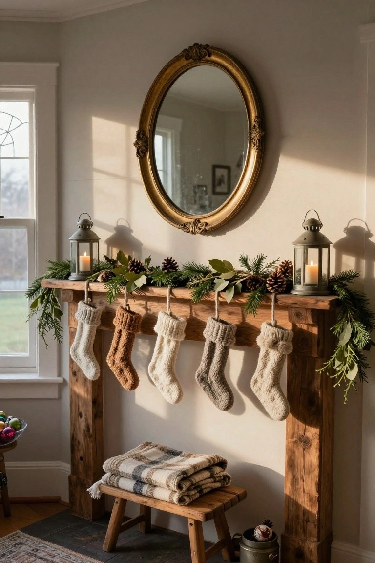 Rustic wooden mantel decorated with knitted Christmas stockings, evergreen garlands, pinecones, and lanterns with candles, below a large ornate gold-framed oval mirror on a light gray wall next to a window.