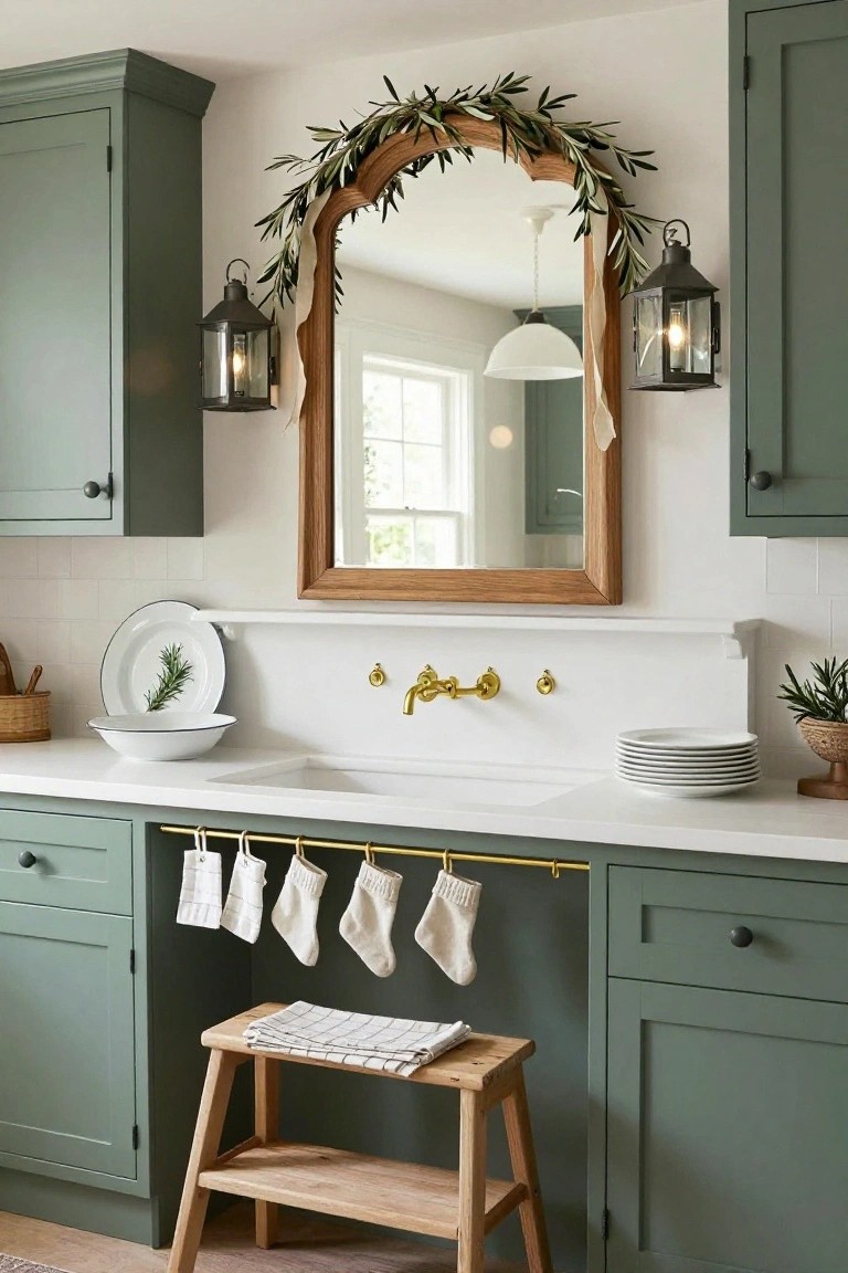 Green shaker-style kitchen cabinets flanking a white farmhouse sink with brass faucet, large arched oak mirror framed with olive branch garland above, white Christmas stockings hanging from brass bar underneath, white dishes and rosemary plate on quartz countertop, wooden step stool nearby.
