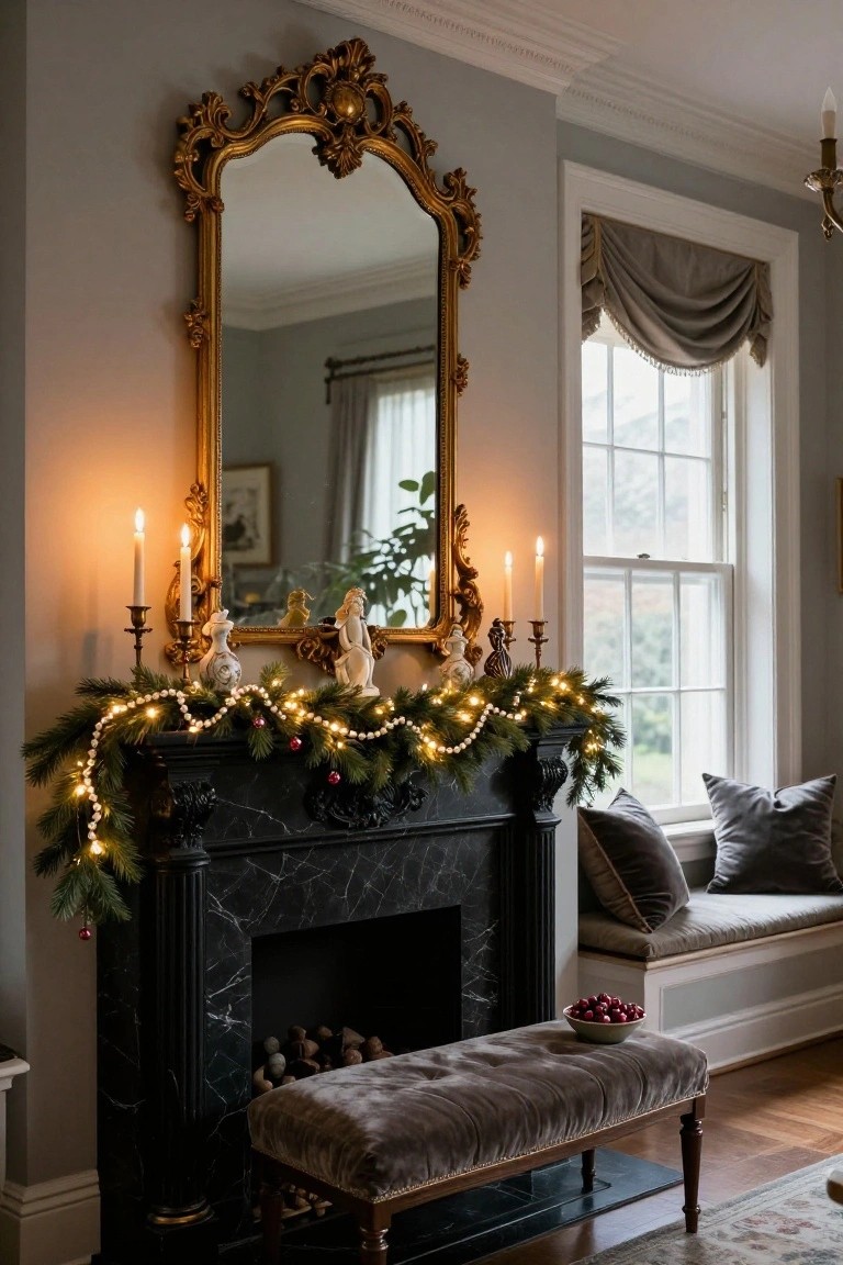Gray-walled room featuring a tall ornate gold mirror above a black marble fireplace mantel decorated with evergreen garland, fairy lights, pearl beads, red ornaments, white cherub figures, and brass candelabras, beside a window seat with gray velvet cushions and a bowl of red berries on a velvet bench.