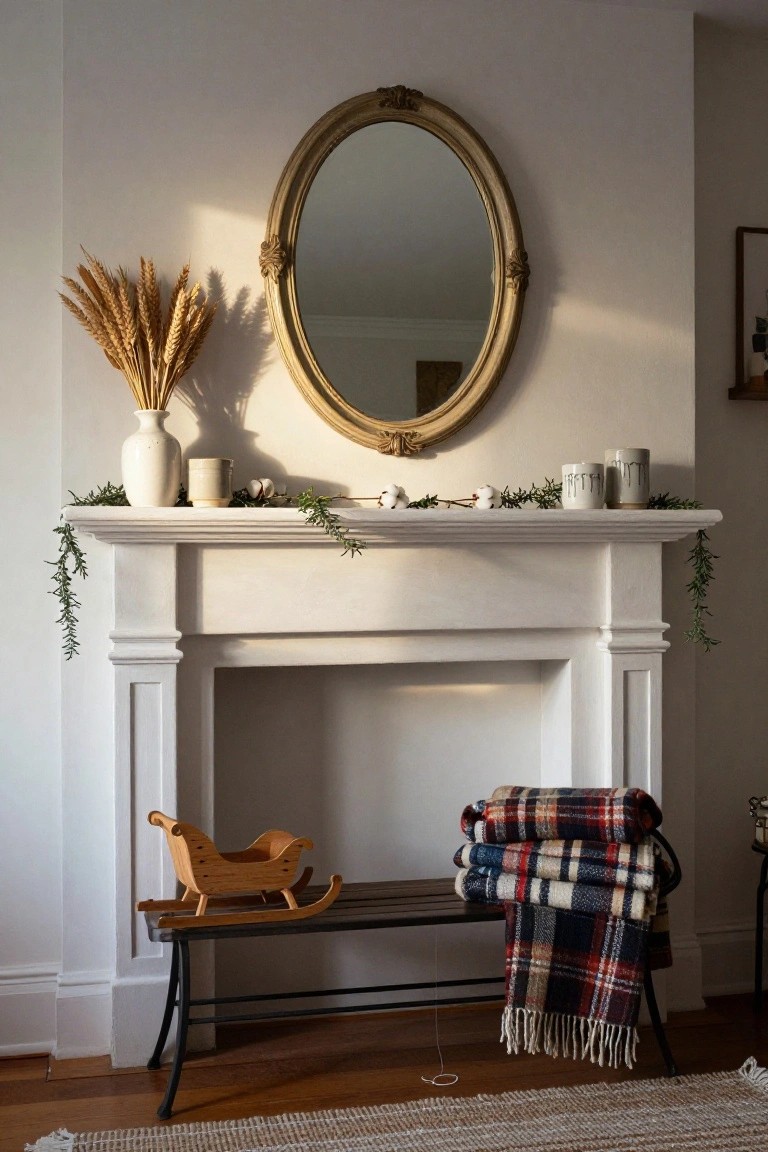 Gold-framed oval mirror above a white fireplace mantel decorated with rosemary garland, white vase of wheat stalks, ceramic cups, cotton bolls, and candles, with a wooden sleigh holding plaid blankets on a metal bench below on a wood floor.