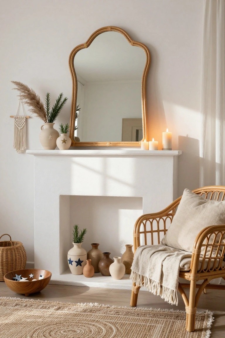 White fireplace mantel topped with an arched rattan-framed mirror, terracotta vases with star motifs holding greenery and pampas grass, macrame hanger, candles, wooden bowl with stars, and rattan chair with throw nearby on seagrass rug.