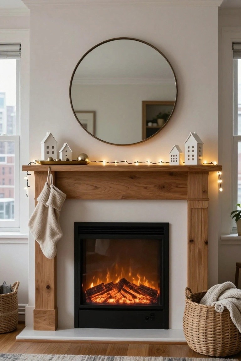Wooden fireplace mantel decorated for Christmas with small white house-shaped lanterns, gold tray, fairy lights, two knit stockings, under a large round gold-framed mirror, electric fire burning inside, wicker basket and throw nearby on beige carpet.