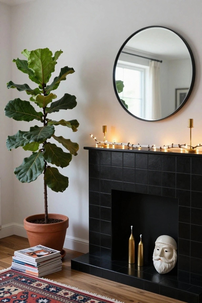 Black tiled fireplace mantel decorated with gold candles, white ceramic Santa mask, birch branches with fairy lights, and large round black-framed mirror above, next to potted fiddle leaf fig and magazines on Persian rug in living room corner.