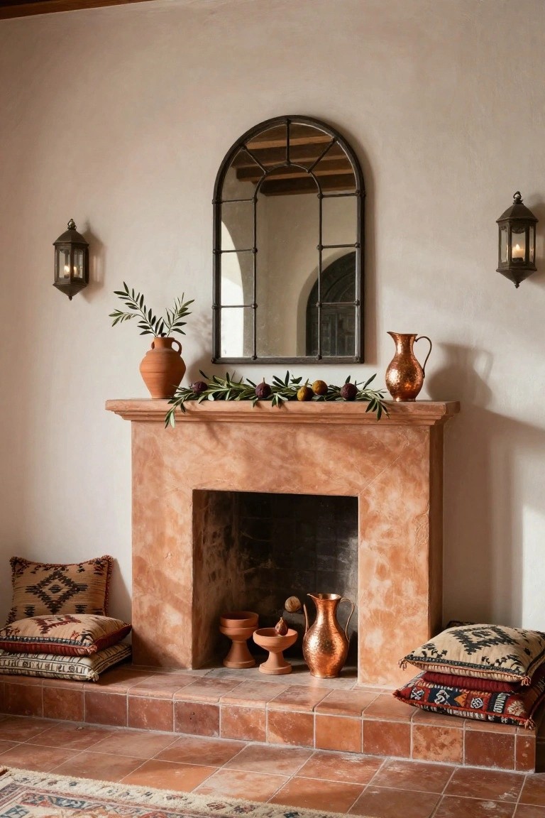 Terracotta fireplace mantel with large arched black metal mirror above, decorated with olive branch garland, figs, terracotta pots, and copper pitchers, patterned cushions on the hearth, terracotta tile floor in white-walled room.