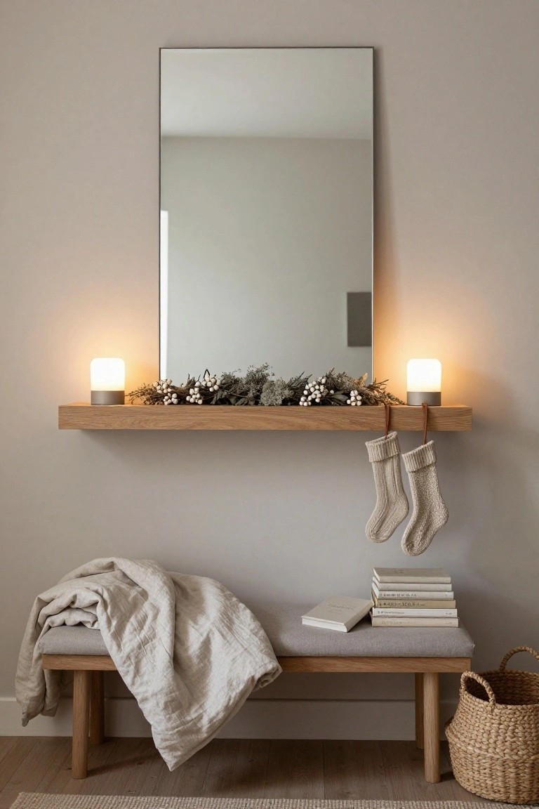 Large rectangular framed mirror mounted above a floating oak shelf holding dried greenery garland, two orb lights, with two white knit stockings hanging from leather straps on the shelf, and a wooden bench with gray cushion, linen throw, stacked books, and wicker basket below in a beige entryway.