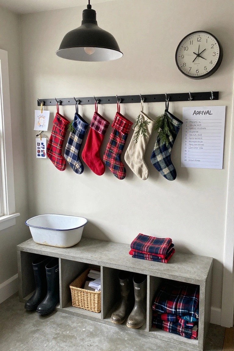 A wall-mounted rack displays plaid and solid Christmas stockings above a storage bench with boots.