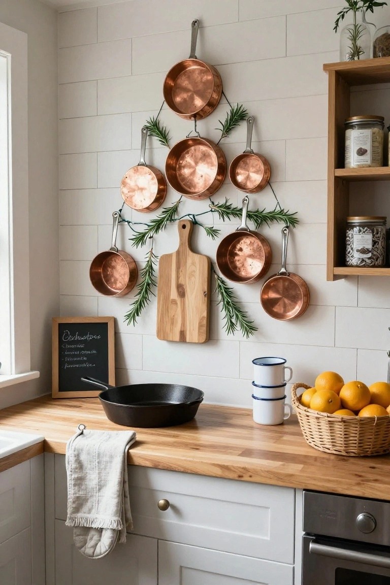 Kitchen wall displaying copper pots and pans arranged in a Christmas tree shape with rosemary branches and string lights, wooden cutting board in center, black chalkboard nearby, and countertop with cast iron pan, blue-rimmed mug, and basket of oranges.