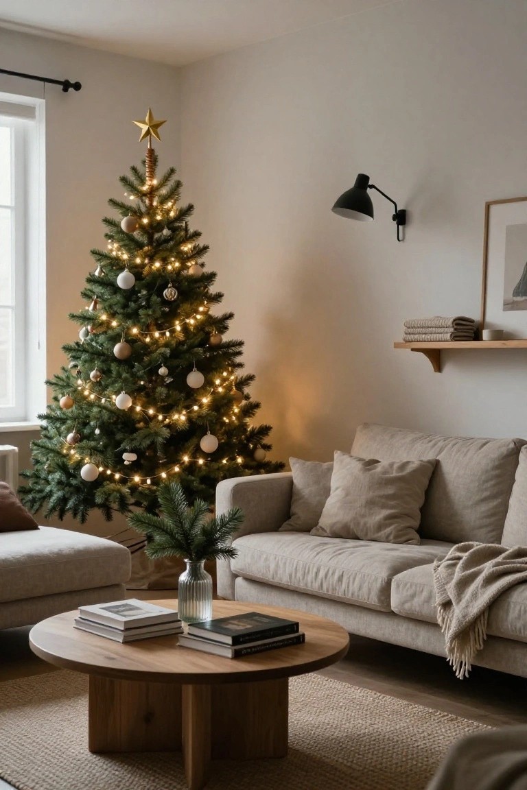 Modern living room corner with a slim decorated Christmas tree next to a window, beige linen sofa, wooden coffee table with stacked books, and neutral textiles.
