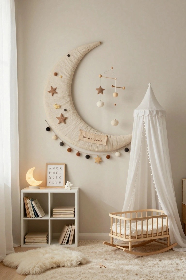 Neutral nursery interior with large beige fabric-wrapped crescent moon wall decoration adorned with stars and pom poms, white canopy over wooden rocking crib, white bookshelf with books, moon nightlight, and white fluffy rug on light wood floor.