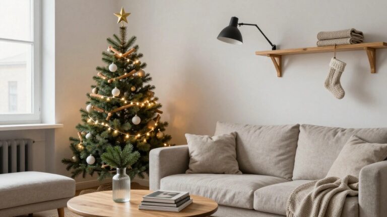21 Genius Wall Christmas Tree Ideas for a Space-Saving Christmas Modern living room corner with a slim decorated Christmas tree next to a window, beige linen sofa, wooden coffee table with stacked books, and neutral textiles.