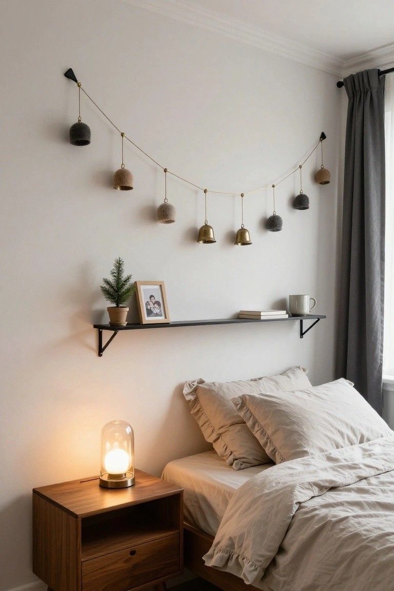 Bedroom corner showing a garland of gray wool-covered and brass bells hanging on a wire across the white wall, small potted Christmas tree and framed photo on a black shelf, wooden nightstand with glass lamp, and beige bed with ruffled pillows.