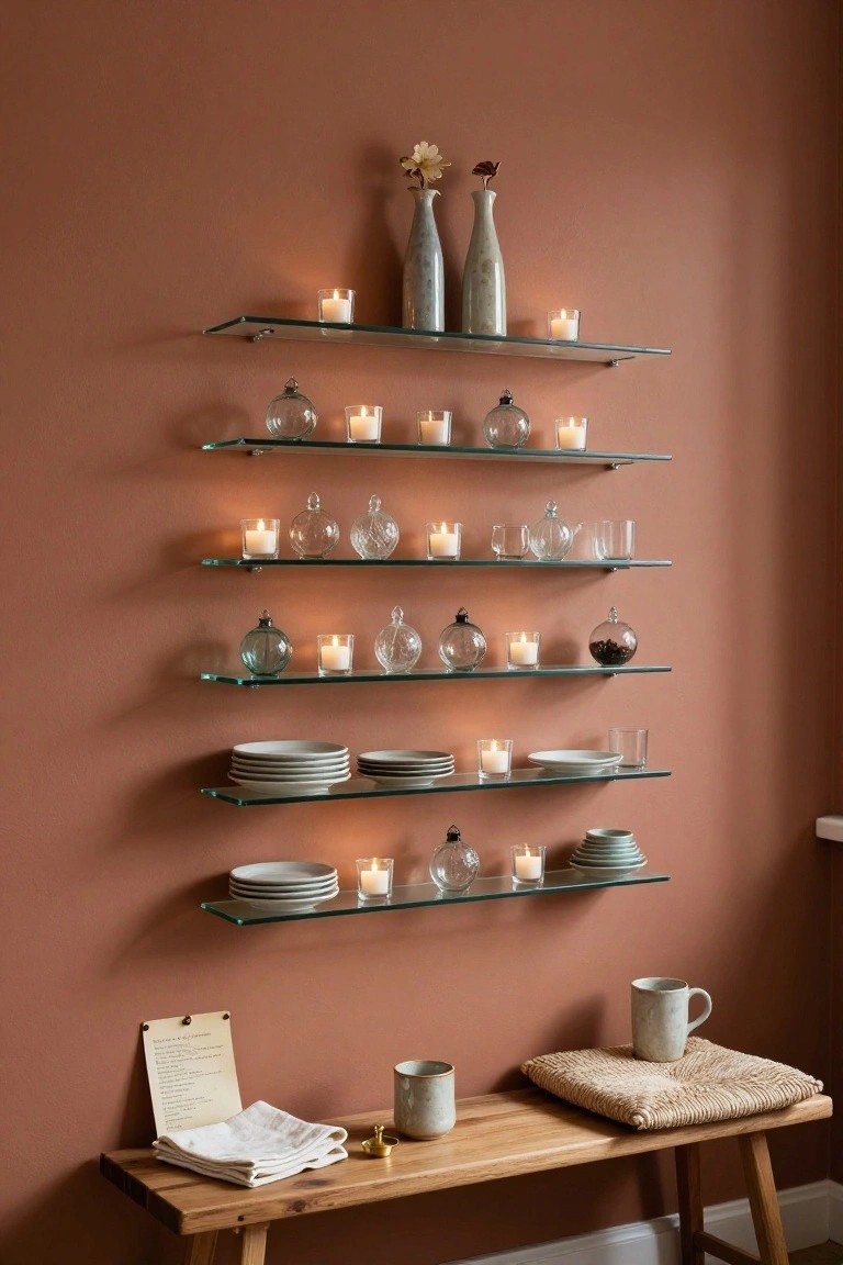 Terracotta wall with six vertical floating glass shelves holding lit candles, glass spheres, vases, plates, and cups, plus a wooden bench with cushions and textiles at the base.