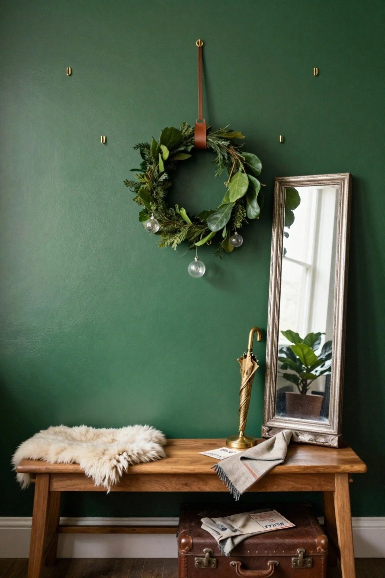 Green-painted interior wall displaying a large circular evergreen wreath hung from a brown leather strap with glass ornaments, next to a tall antique mirror, brass umbrella stand, wooden bench with sheepskin rug, and brown leather suitcase.