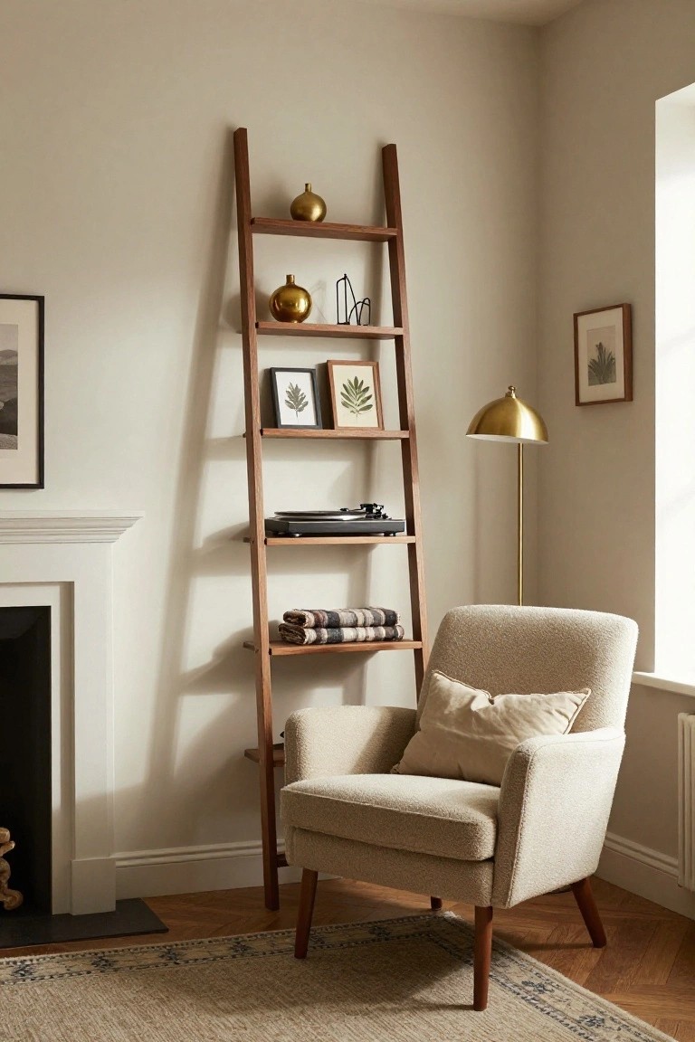 Tall wooden leaning ladder shelf in a light beige living room corner next to a white fireplace, holding gold vases, picture frames, record player, blankets, and a cream upholstered armchair sits nearby on parquet flooring.