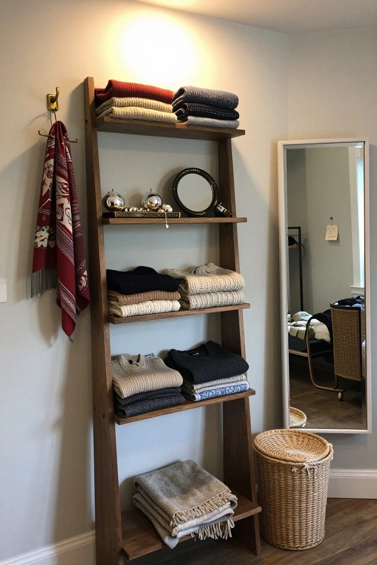 Wooden leaning ladder shelf with multiple shelves holding folded sweaters and blankets in various colors, next to a full-length mirror and brass hook with a scarf in a light gray room.