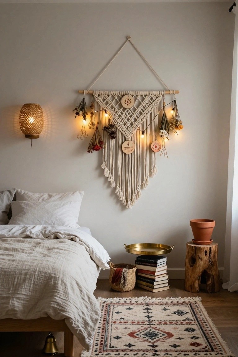 Bedroom with a large triangular beige macrame wall hanging adorned with wooden discs, fairy lights, and dried flowers above a white linen bed, next to a rattan wall lamp, wooden stool with books and plant, and patterned rug.