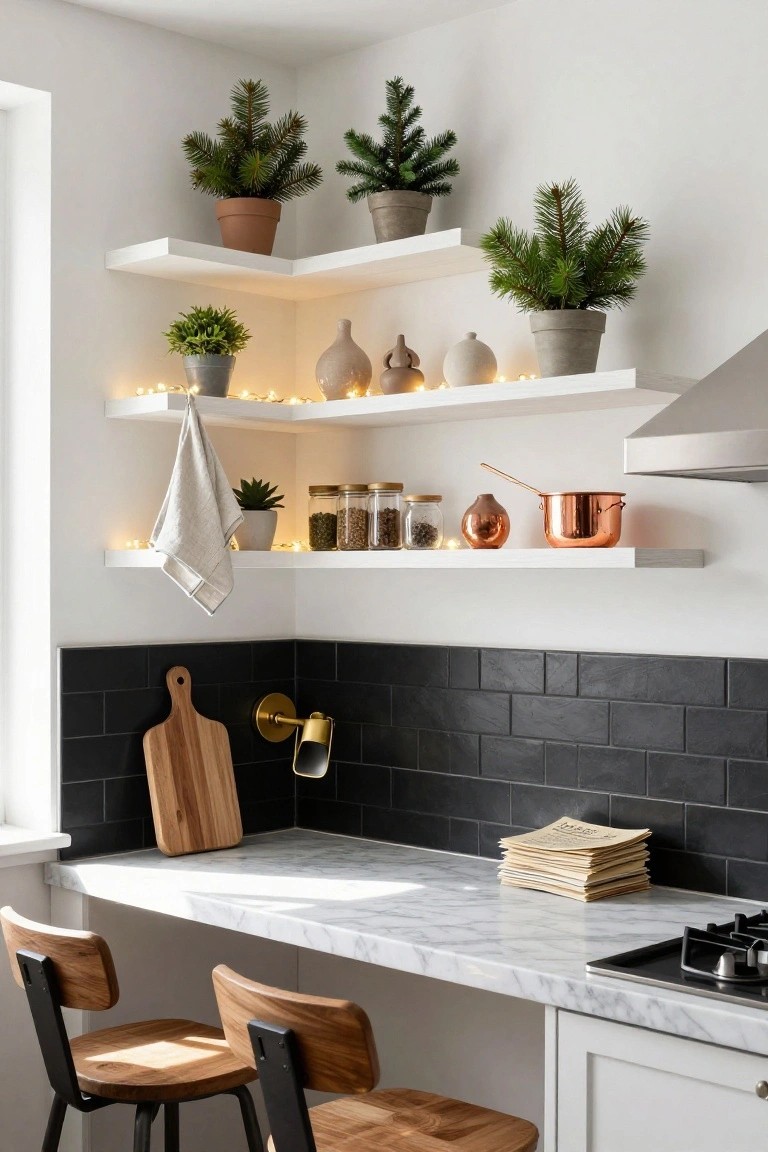 Kitchen corner with white floating shelves displaying small potted Christmas trees, plants, fairy lights, jars, ceramic vessels, copper pots and pan, tea towel, black subway tile backsplash, marble countertop, wooden cutting board, stack of papers, gas cooktop, and two wooden stools.