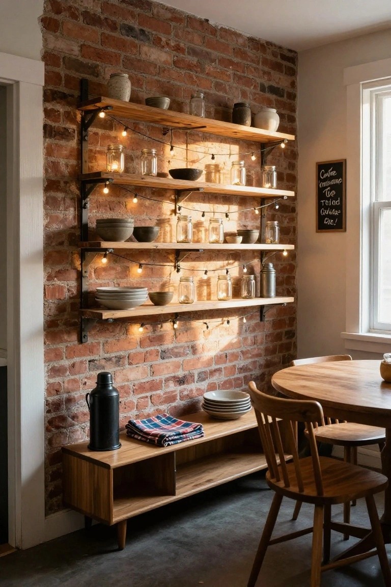 Wooden open shelves mounted on exposed brick wall in a kitchen, strung with small white fairy lights and displaying pottery, jars, and bowls, beside a round wooden dining table with chairs.
