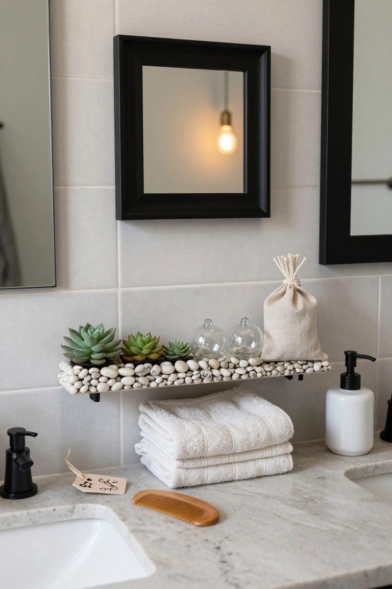 Bathroom countertop with black faucet, white sink, stacked white towels, soap dispenser, wooden comb, and a wall shelf above holding succulents in pebble tray, glass orbs, and linen bag, next to mirrors and tiled wall.