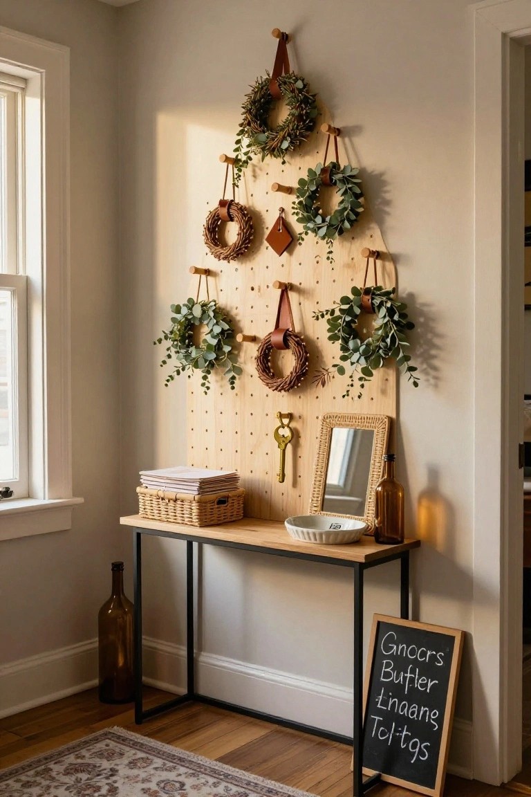 Pegboard wall in the shape of a Christmas tree covered with multiple eucalyptus wreaths hung from leather straps in a light-colored room corner next to a wooden console table, woven basket, mirror, and chalkboard sign.