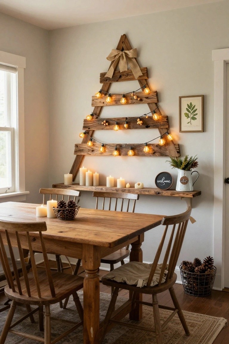A rustic wooden A-frame Christmas tree made from pallet wood with string lights and a burlap bow mounted on a wall above a wooden shelf holding candles and greenery, next to a wooden dining table and chairs in a light gray room.
