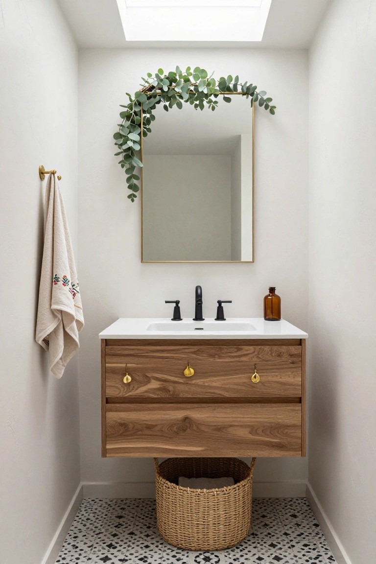 Compact white powder room with floating wooden vanity under gold-framed round mirror draped in eucalyptus garland arch, embroidered towel on wall hook, black faucet on white sink, glass bottle on counter, wicker basket on black-and-white dotted floor tiles.