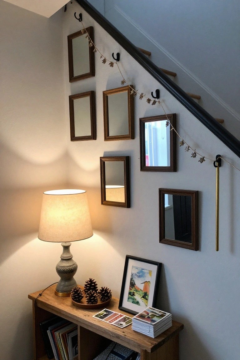 Indoor corner with wooden staircase, black railing, multiple small rectangular mirrors on white wall connected by beige garland with gold star ornaments, wooden side table holding lamp, pinecones in dish, books, and photo frames.