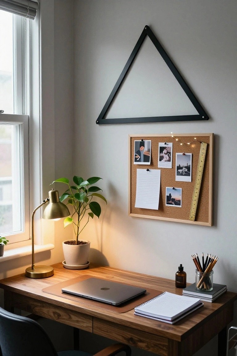 Home office corner with wooden desk holding MacBook and notebooks, gold desk lamp, potted plants, bulletin board with photos and notes, and large black triangular frame on beige wall next to window with blinds.