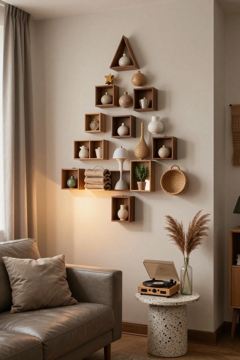 Corner of a living room with triangular wooden wall shelves arranged as a Christmas tree shape, filled with ceramic vases, plants, woven baskets, towels, and a gold star, beside a gray leather sofa, wood record player table, and potted pampas grass.