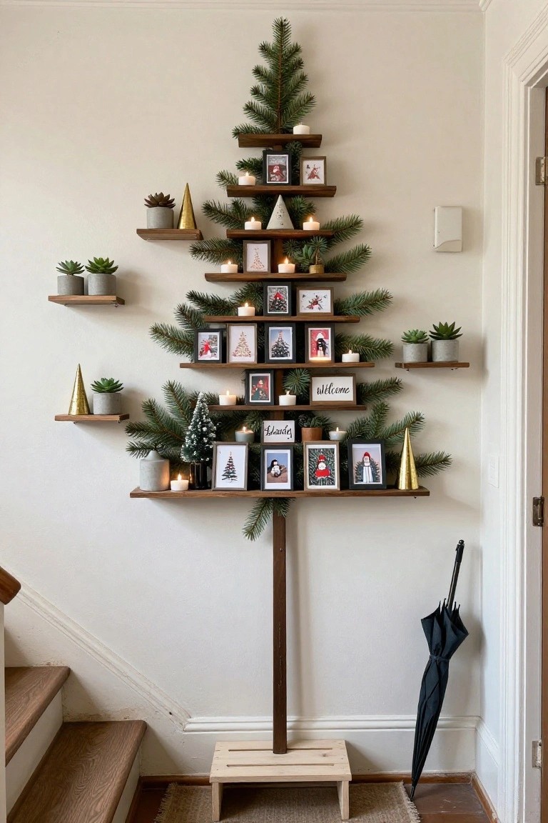 Wall-mounted wooden floating shelves arranged in a Christmas tree shape with attached green pine branches, photo frames, candles, succulents in gray pots, gold pinecone ornaments, and small signs, positioned near stairs in a beige interior with a wooden post base and umbrella nearby.