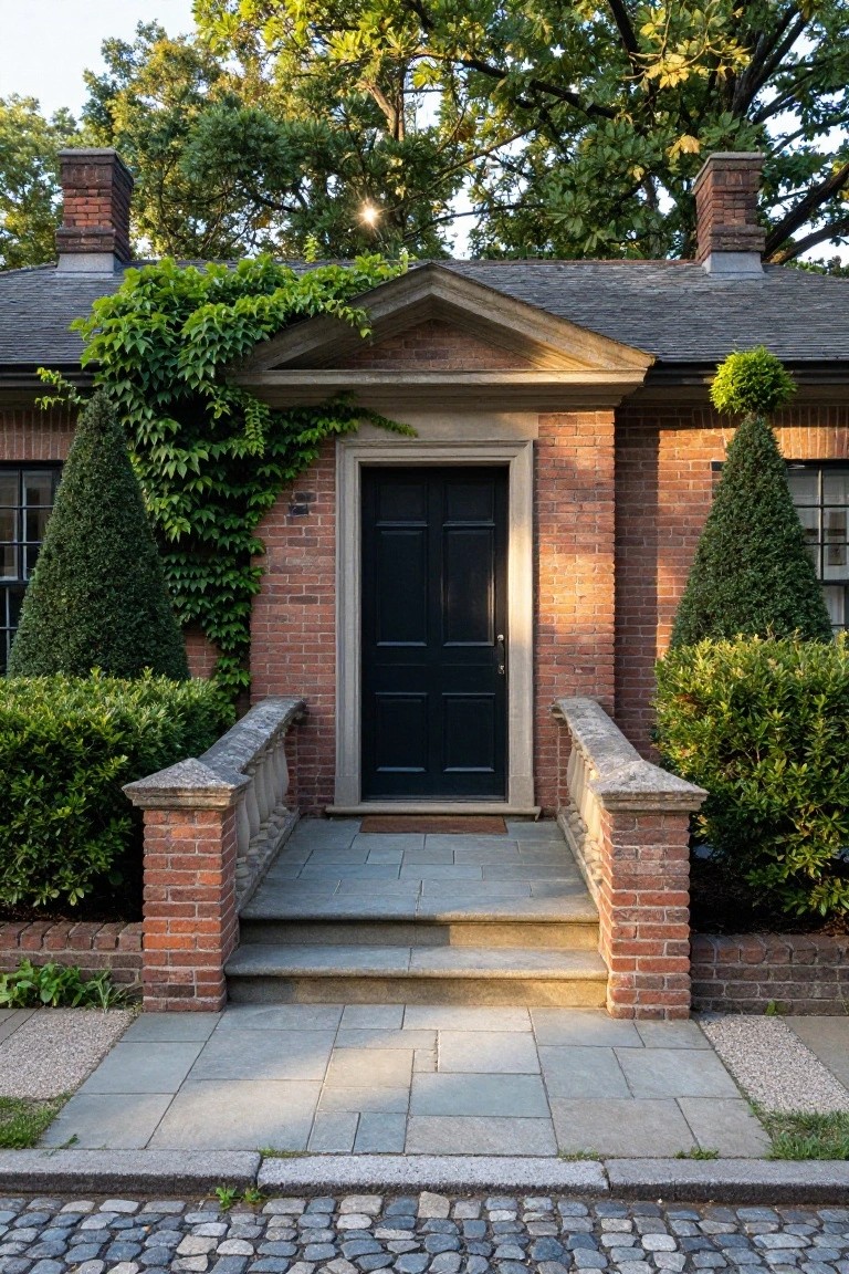 Red brick Georgian colonial house facade with slate roof, ivy on left wall, tall evergreen shrubs flanking windows, black paneled door in stone pediment surround, boxwood hedges beside brick piers with stone balustrade and steps leading to cobblestone street.