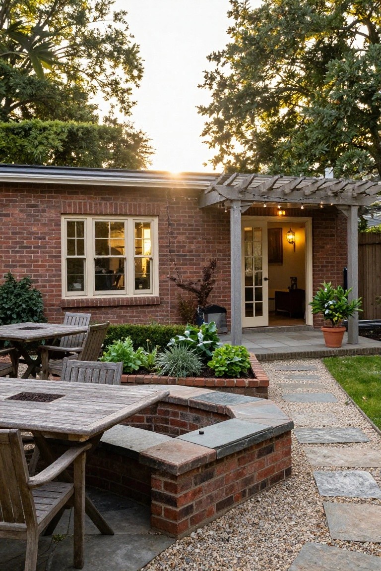Brick house exterior with pergola-covered door, wooden dining table and chairs on patio, curved brick fire pit, plants in beds, stone path, and gravel in backyard at sunset.