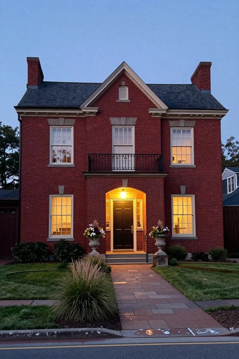 Red brick two-story house with gabled roof and arched entryway lit by an overhead light at dusk, flanked by large planters on a stone pathway with lawn and ornamental grasses in front.