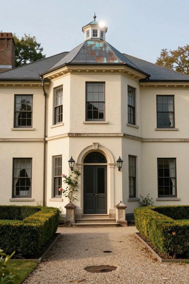 Cream stucco Georgian colonial house with hexagonal upper structure, copper-roofed lantern tower, tall multipane windows, arched black front door flanked by lanterns, climbing roses, boxwood hedges bordering a gravel path.