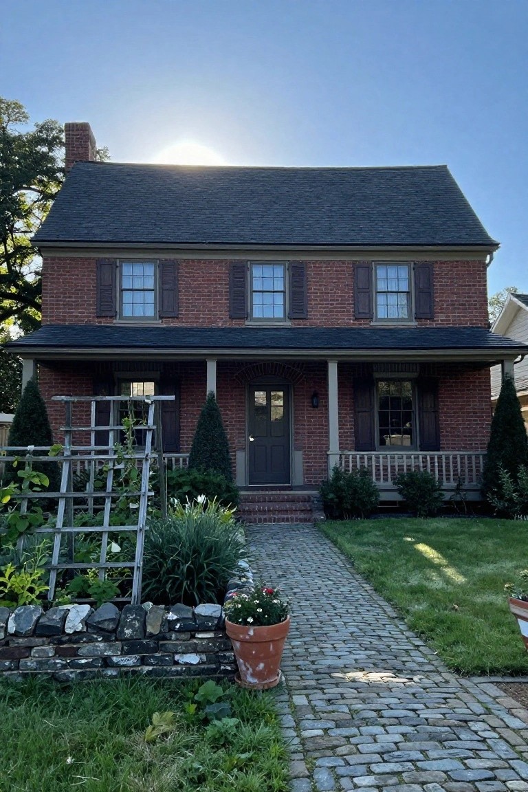 Two-story red brick Georgian Colonial house with black shutters on multi-pane windows, columned front porch, gabled slate roof, cobblestone path, potted plants, trellis with vines, and low garden plantings on a sunny day with blue sky.