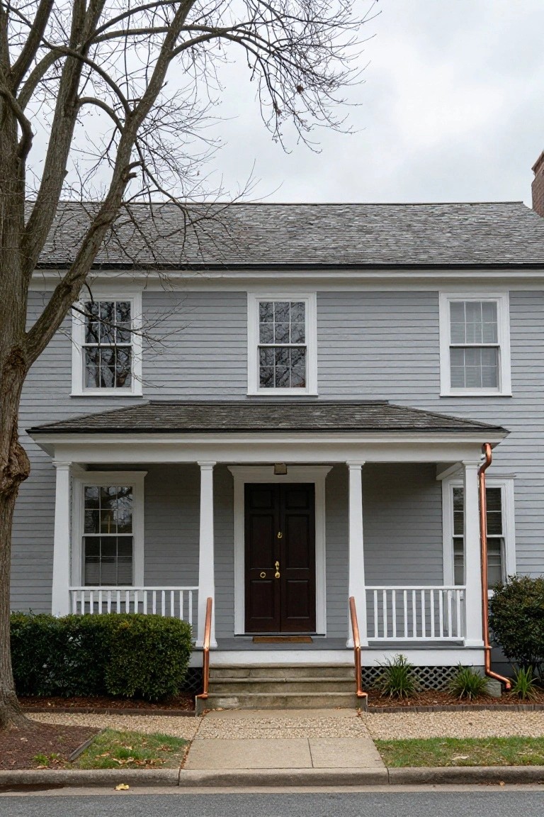 Gray clapboard two-story house with white columned front porch, symmetrical double-hung windows, dark wood entry door, copper downspouts, shrubs, and a leafless tree beside a concrete walkway.