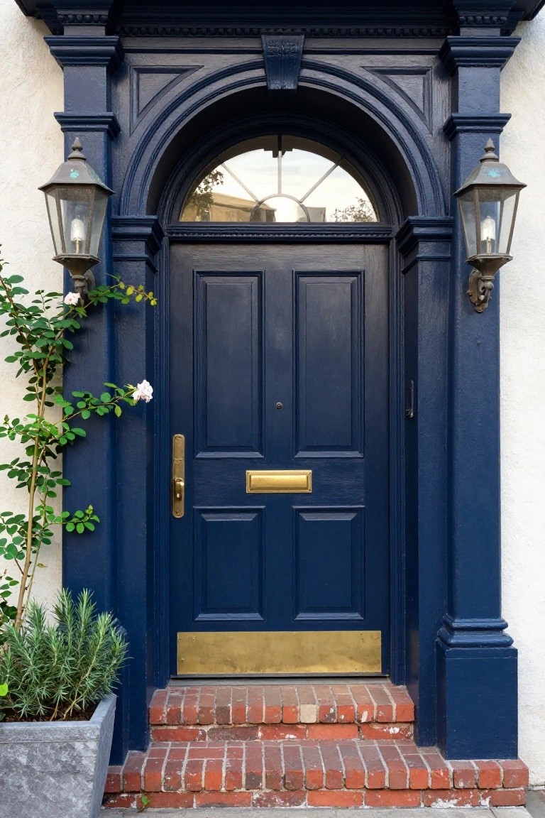 Navy blue paneled front door with brass knocker and letterbox on a white stuccoed Georgian house facade featuring an arched fanlight window, flanked by lanterns, with climbing rose plant, potted rosemary, and brick entry steps.