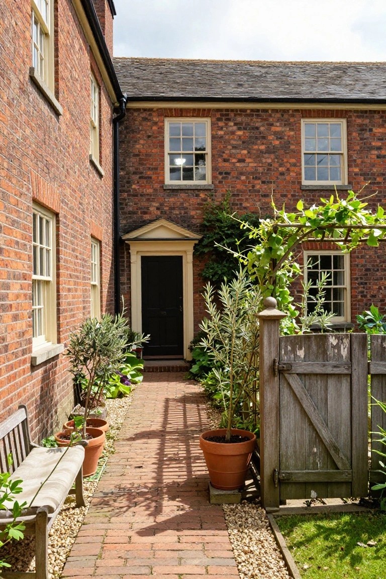 Red brick Georgian house exterior showing a corner with multiple sash windows, a pedimented porch over a black front door, narrow brick path lined with potted plants and olive trees, wooden bench, and rustic wooden gate.