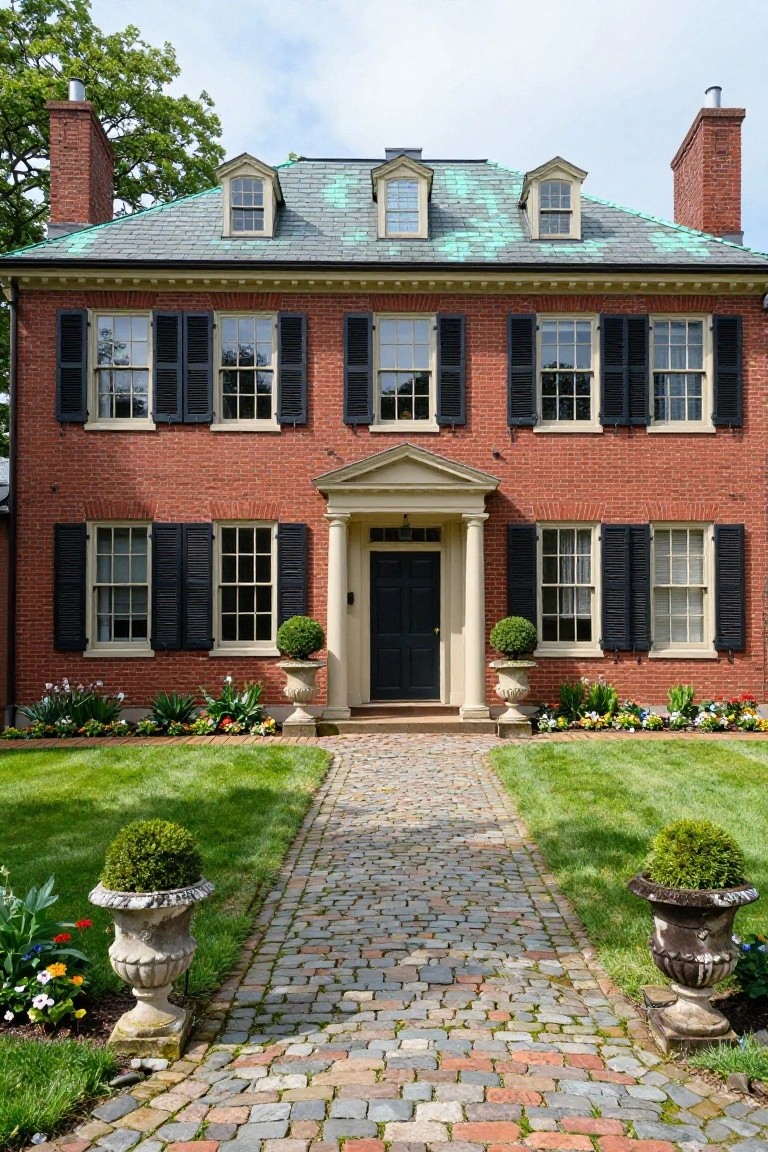 Red brick two-story Georgian Colonial house with green copper dormer roofs, symmetrical black-shuttered windows, white pedimented portico over black front door, flanked by urns with topiary, cobblestone walkway, and front lawn with plantings.