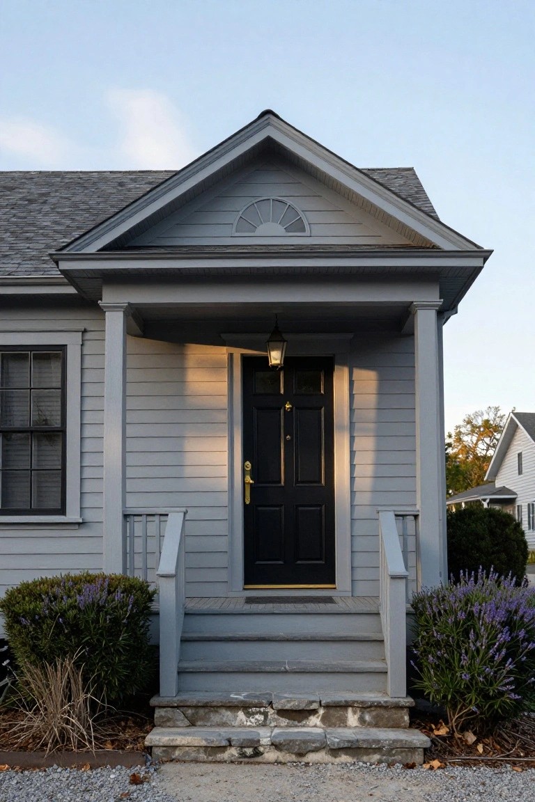 Gray shingle-sided house exterior with a gabled front porch supported by columns, black front door, window to the side, lavender bushes, and stone steps leading to gravel driveway.