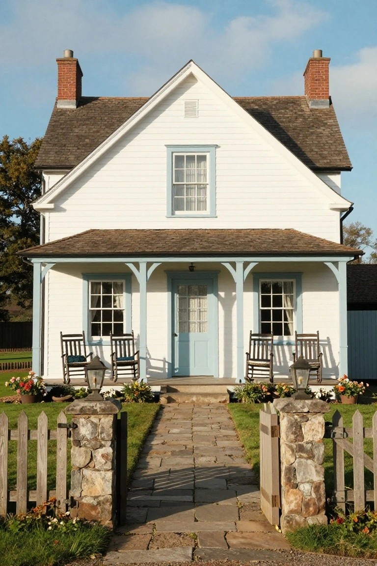 White clapboard house with blue-trimmed porch and door, two wooden rocking chairs with cushions, lanterns, stone path flanked by pillars and picket fence gate, flower beds, and grassy yard.