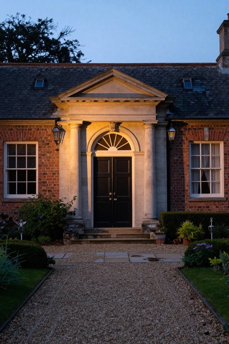 Georgian colonial house exterior at dusk showing a central pedimented stone portico with columns framing a black double door, brick side walls with sash windows, wall lanterns, gravel path, and low garden plantings.